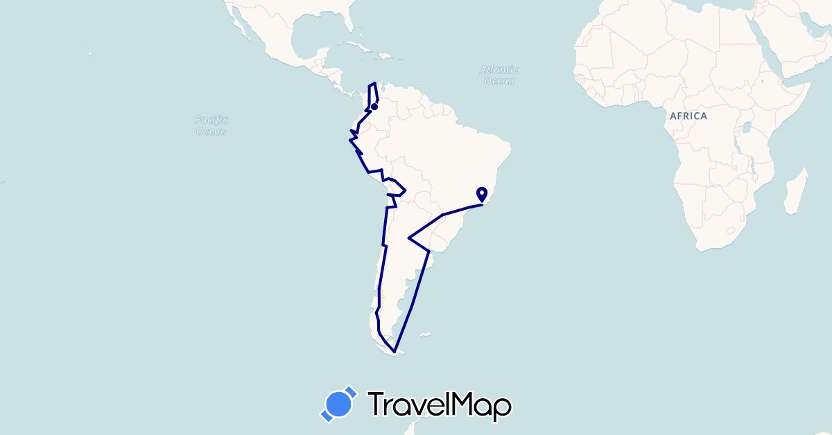 TravelMap itinerary: driving in Argentina, Bolivia, Brazil, Chile, Colombia, Ecuador, Peru (South America)